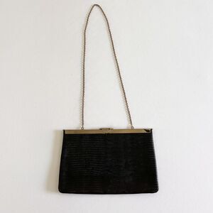 Vintage Etra Black Lizard Embossed Leather Evening Bag Gold Chain Clutch